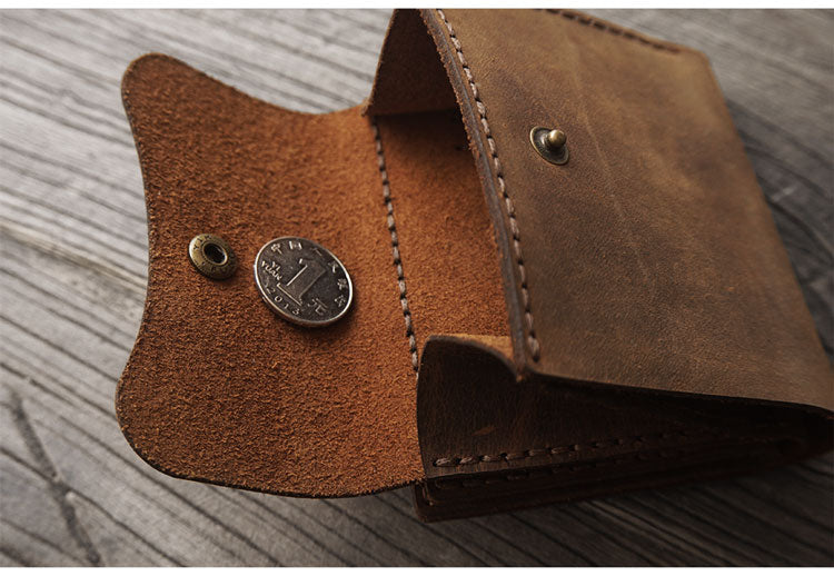 Handmade Green Leather Mens Trifold Billfold Wallet With Coin Pocket Brown Small Wallet for Men