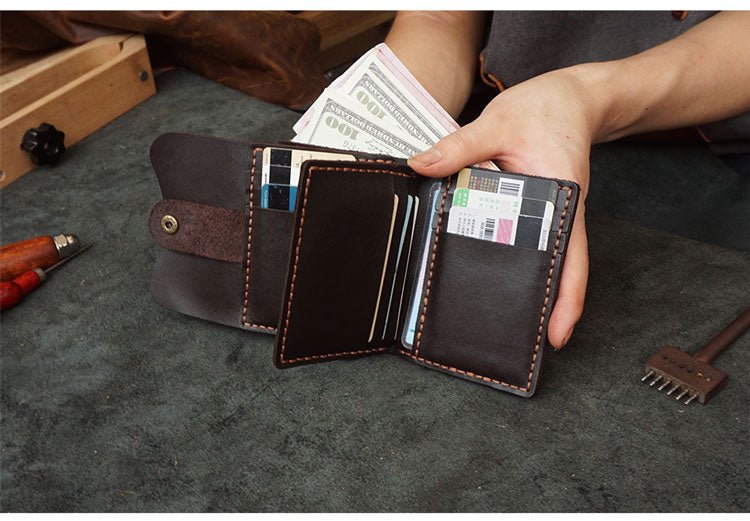 Handmade Green Leather Mens Trifold Billfold Wallet With Coin Pocket Brown Small Wallet for Men