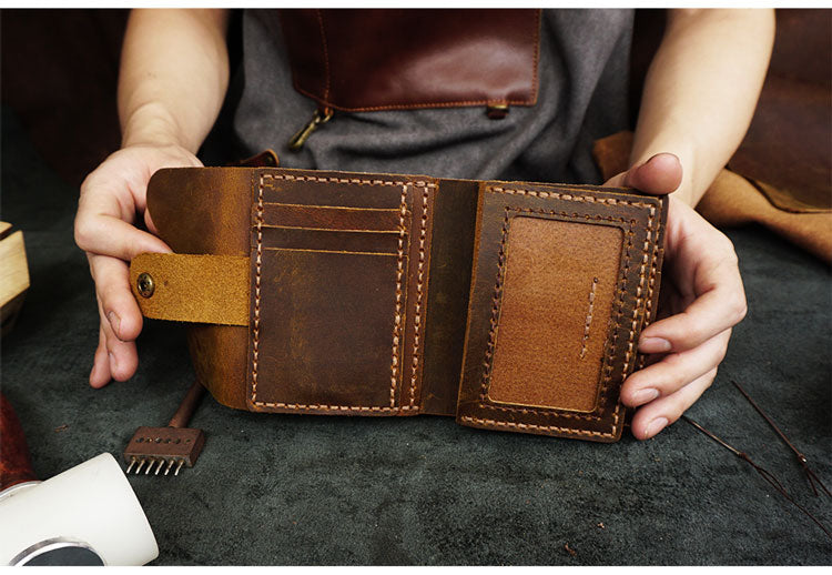 Handmade Brown Leather Mens Trifold Billfold Wallet With Coin Pocket Short Blue Small Wallet for Men