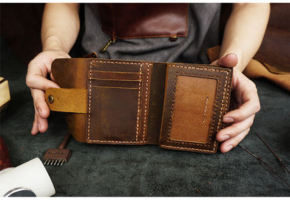 Handmade Blue Leather Mens Trifold Billfold Wallet With Coin Pocket Brown Small Wallet for Men