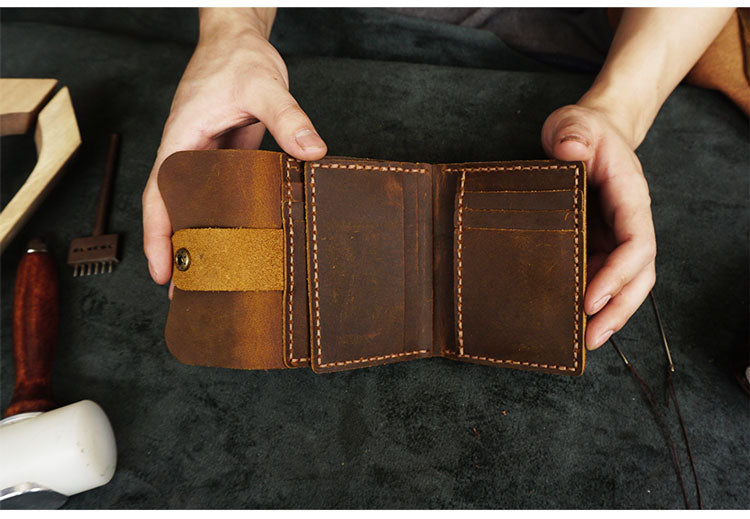 Handmade Brown Leather Mens Trifold Billfold Wallet With Coin Pocket Short Blue Small Wallet for Men