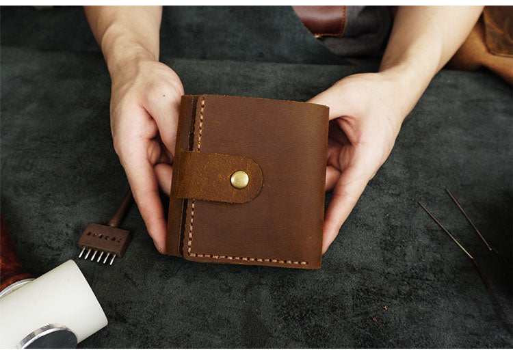 Handmade Brown Leather Mens Trifold Billfold Wallet With Coin Pocket Short Blue Small Wallet for Men