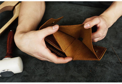 Handmade Brown Leather Mens Trifold Billfold Wallet With Coin Pocket Short Blue Small Wallet for Men