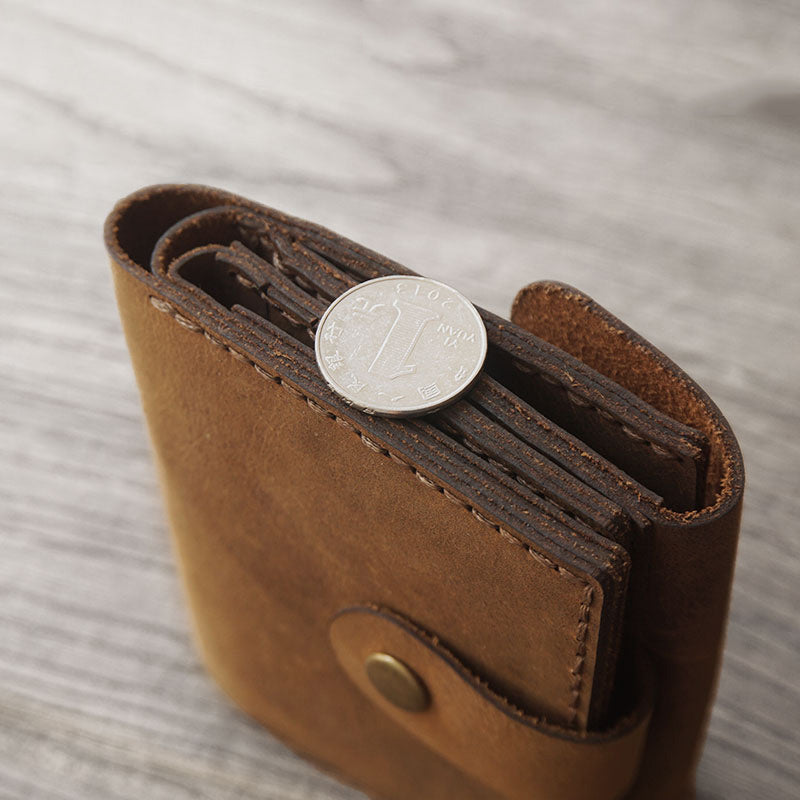 Handmade Brown Leather Mens Trifold Billfold Wallet With Coin Pocket Short Blue Small Wallet for Men