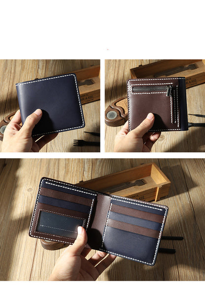 Handmade Blue Leather Billfold Wallets Personalized Mens Contrast Color Wallets for Men