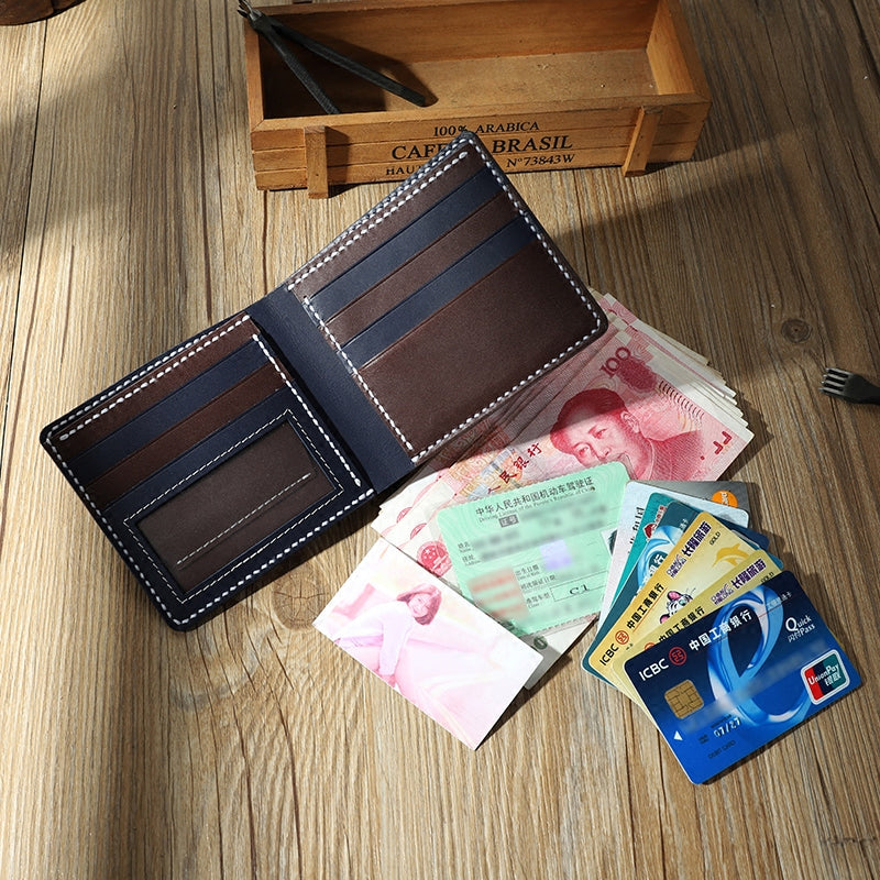 Handmade Blue Leather Billfold Wallet Personalized Mens Contrast Color Wallets for Men