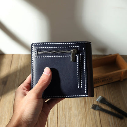 Handmade Blue Leather Billfold Wallets Personalized Mens Contrast Color Wallets for Men