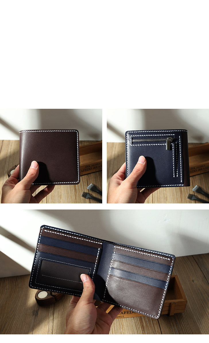 Handmade Blue Leather Billfold Wallet Personalized Mens Contrast Color Wallets for Men