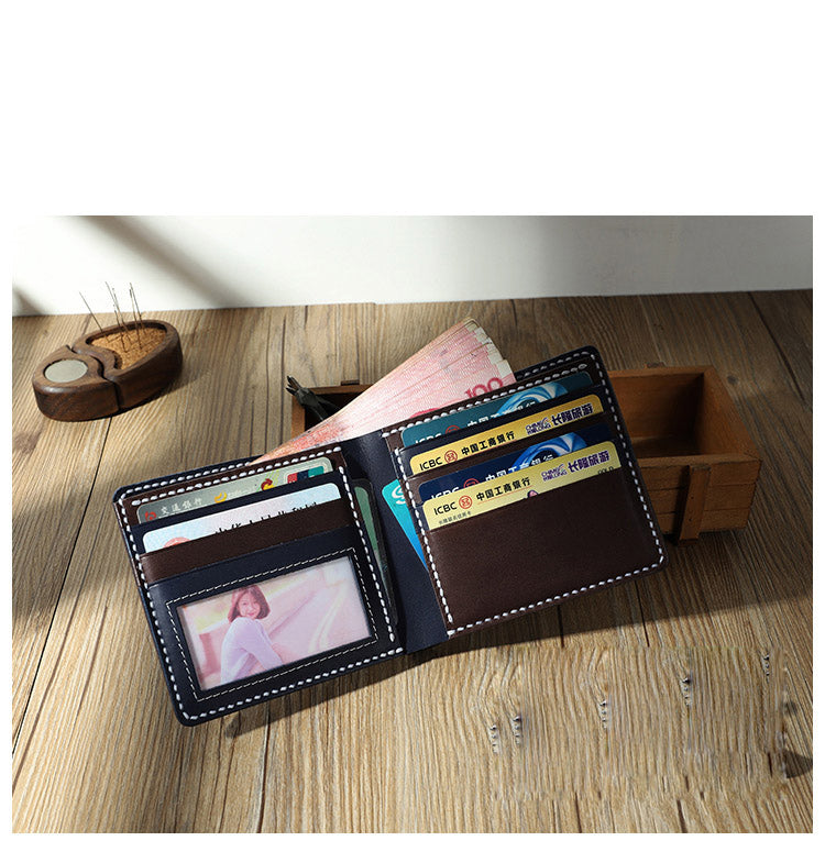 Handmade Blue Leather Billfold Wallet Personalized Mens Contrast Color Wallets for Men