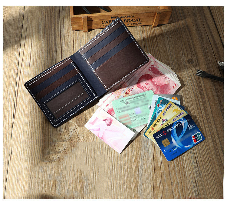 Handmade Blue Leather Billfold Wallet Personalized Mens Contrast Color Wallets for Men