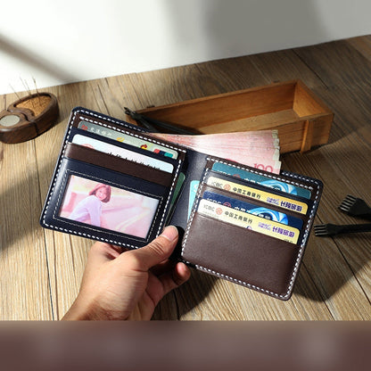 Handmade Blue Leather Billfold Wallets Personalized Mens Contrast Color Wallets for Men