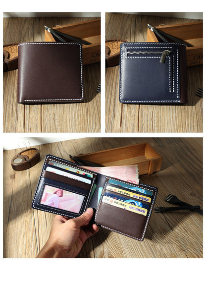 Handmade Blue Leather Billfold Wallet Personalized Mens Contrast Color Wallets for Men