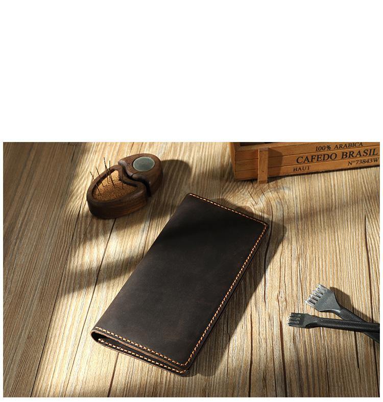 Handmade Blue Leather Mens Bifold Long Wallets Personalized Blue Checkbook Wallets for Men