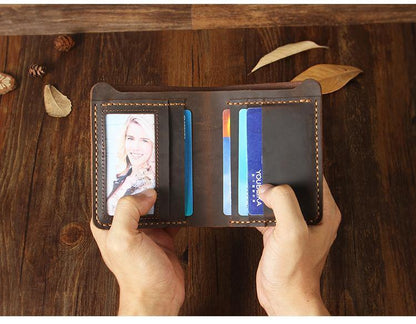 Handmade Coffee Leather Mens Billfold Wallets Personalize Coffee Bifold Small Wallets for Men