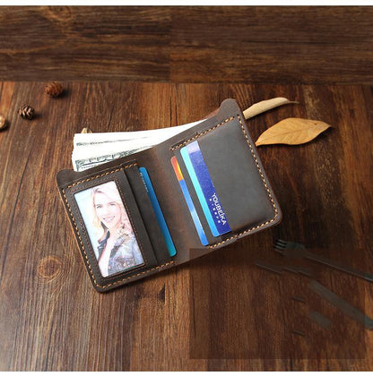 Handmade Coffee Leather Mens Billfold Wallets Personalize Coffee Bifold Small Wallets for Men