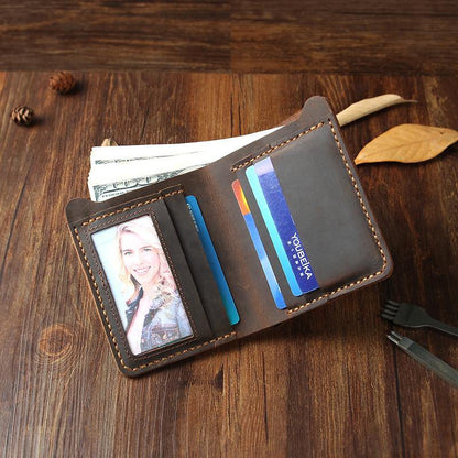 Handmade Coffee Leather Mens Billfold Wallets Personalize Coffee Bifold Small Wallets for Men