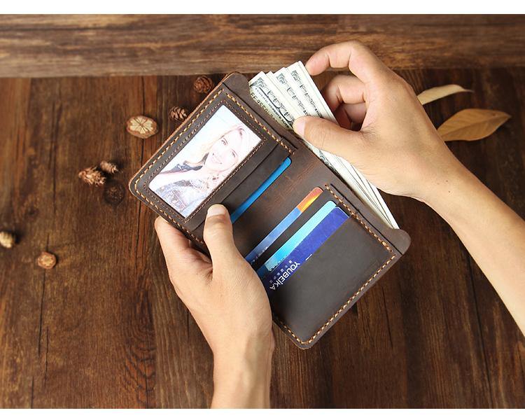 Handmade Coffee Leather Mens Billfold Wallets Personalize Coffee Bifold Small Wallets for Men