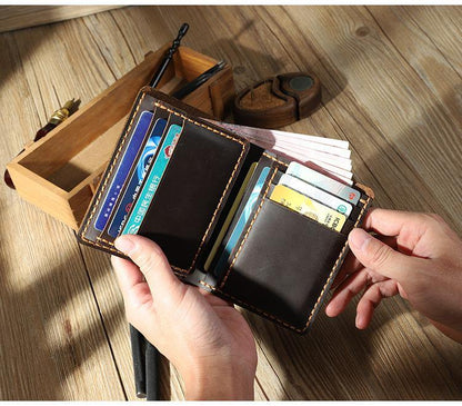 Handmade Blue Leather Mens Trifold Billfold Personalized Trifold Small Wallets for Men