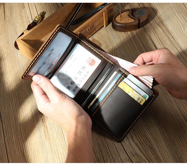 Handmade Coffee Leather Mens Trifold Billfold Personalized Trifold Small Wallets for Men