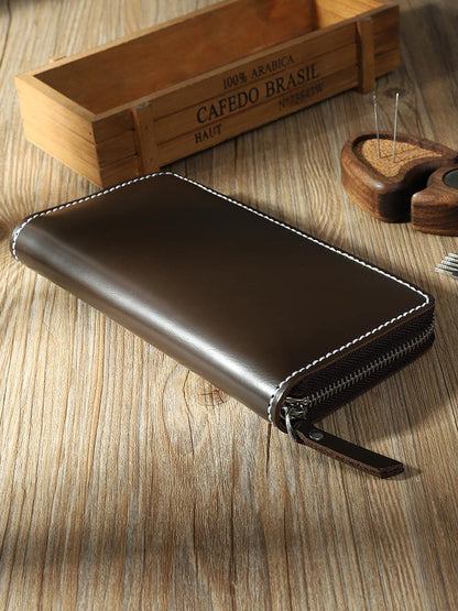 Handmade Black Mens Zipper Long Wallets Personalized Leather Around Zipper Wallets for Men