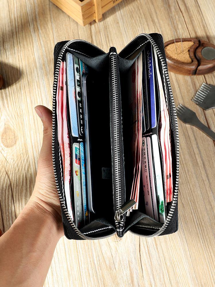 Handmade Black Mens Zipper Long Wallets Personalized Leather Around Zipper Wallets for Men