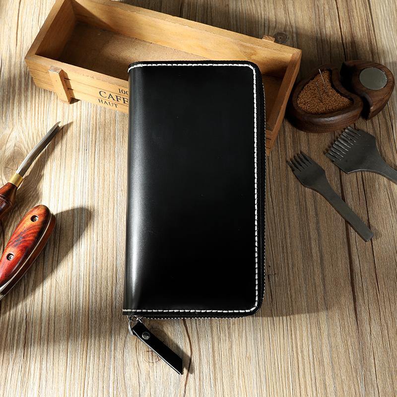 Handmade Black Mens Zipper Long Wallets Personalized Leather Around Zipper Wallets for Men