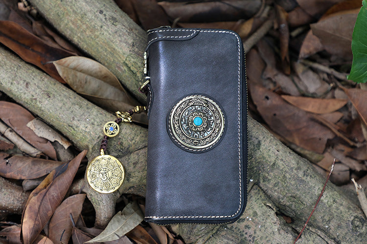 Handmade Black Leather Tibetan Totem Long Wallet Cool Zipper Clutch Wristlet Wallet for Men