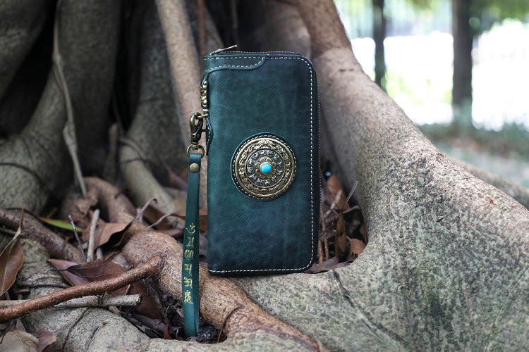 Handmade Black Leather Tibetan Totem Long Wallet Cool Zipper Clutch Wristlet Wallet for Men