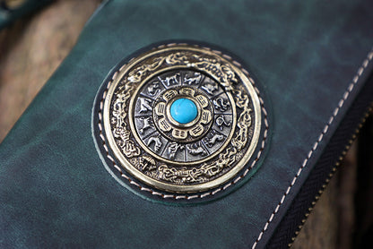 Handmade Black Leather Tibetan Totem Long Wallet Cool Zipper Clutch Wristlet Wallet for Men