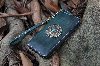 Handmade Black Leather Tibetan Totem Long Wallet Cool Zipper Clutch Wristlet Wallet for Men