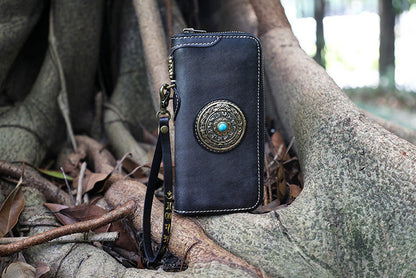 Handmade Black Leather Tibetan Totem Long Wallet Cool Zipper Clutch Wristlet Wallet for Men