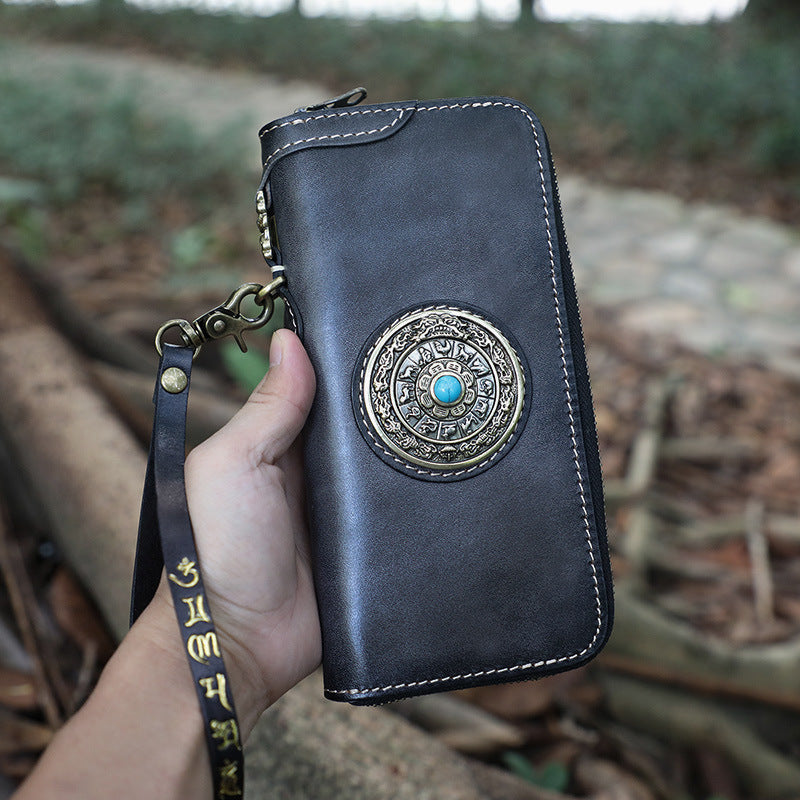 Handmade Black Leather Tibetan Totem Long Wallet Cool Zipper Clutch Wristlet Wallet for Men