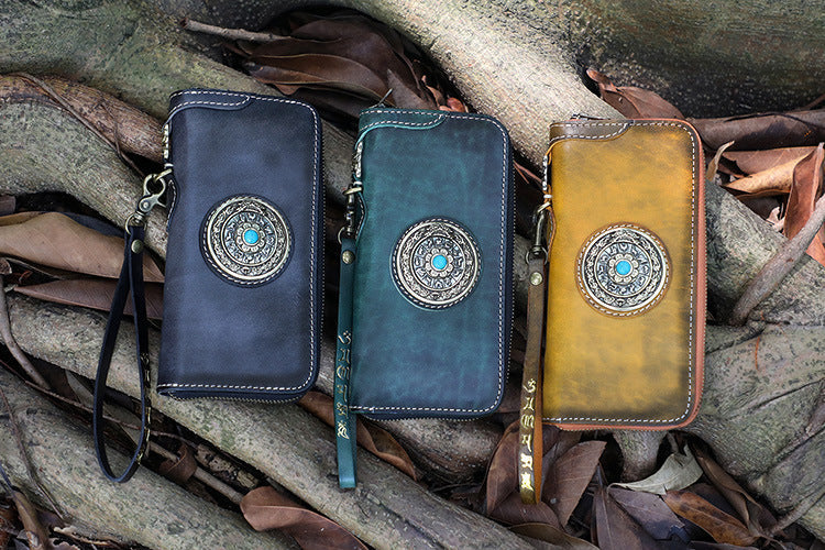 Handmade Black Leather Tibetan Totem Long Wallet Cool Zipper Clutch Wristlet Wallet for Men