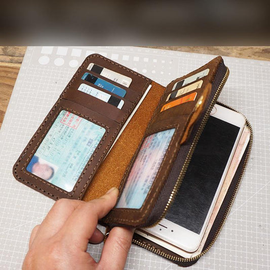 Handmade Leather Mens Bifold Long Wallet Clutch Checkbook Wallet Lots Cards Long Wallet for Men