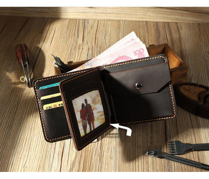 Handmade Coffee Leather Mens Trifold Billfold Wallet Personalize Trifold Small Wallets for Men