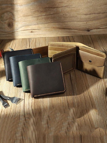 Handmade Coffee Leather Mens Trifold Billfold Wallet Personalize Trifold Small Wallets for Men