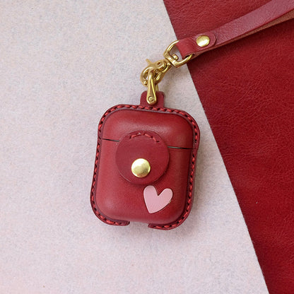 Handmade Red Leather AirPods 1,2 Case with Wristlet Strap Leather AirPods Case Airpod Case Cover