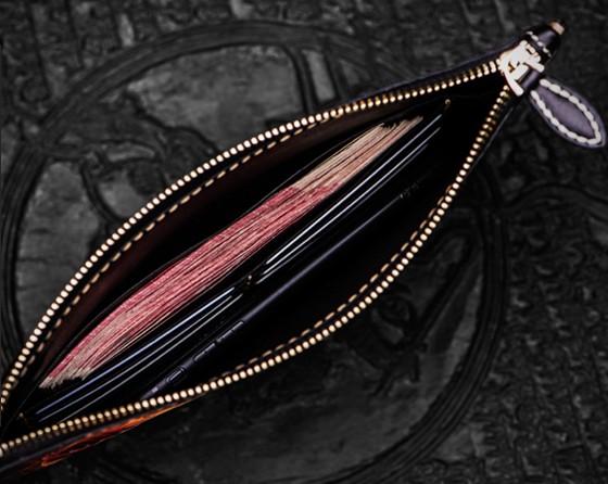 Handmade Leather Tibet Scriptures Tooled Wristlet Bag iPad Bag Mens Cool Leather Wallet Long Clutch for Men