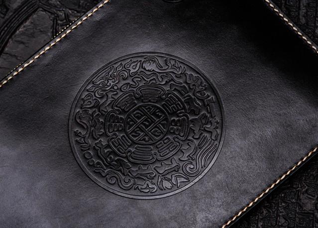 Handmade Leather Tibet Scriptures Tooled Wristlet Bag iPad Bag Mens Cool Leather Wallet Long Clutch for Men