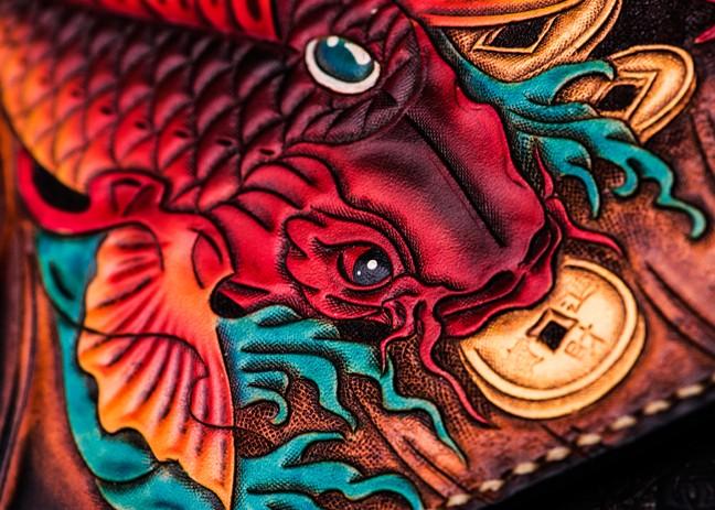 Handmade Leather Tibet Scriptures Tooled Wristlet Bag iPad Bag Mens Cool Leather Wallet Long Clutch for Men