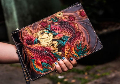 Handmade Leather Tibet Scriptures Tooled Wristlet Bag iPad Bag Mens Cool Leather Wallet Long Clutch for Men