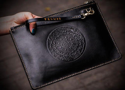 Handmade Leather Tibet Scriptures Tooled Wristlet Bag iPad Bag Mens Cool Leather Wallet Long Clutch for Men