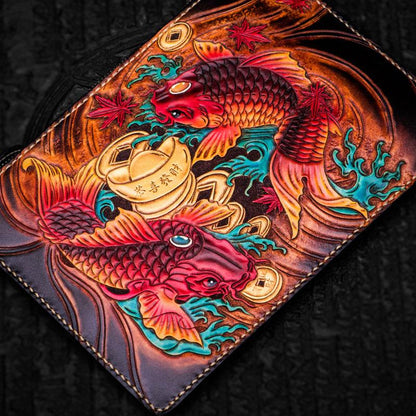 Handmade Leather Tibet Scriptures Tooled Wristlet Bag iPad Bag Mens Cool Leather Wallet Long Clutch for Men