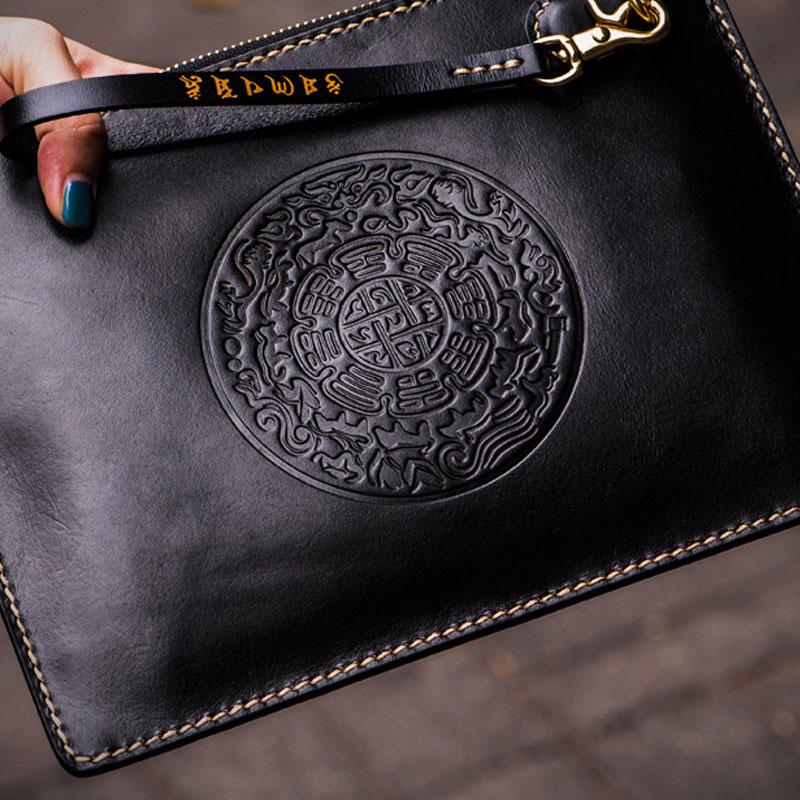 Handmade Leather Tibet Scriptures Tooled Wristlet Bag iPad Bag Mens Cool Leather Wallet Long Clutch for Men