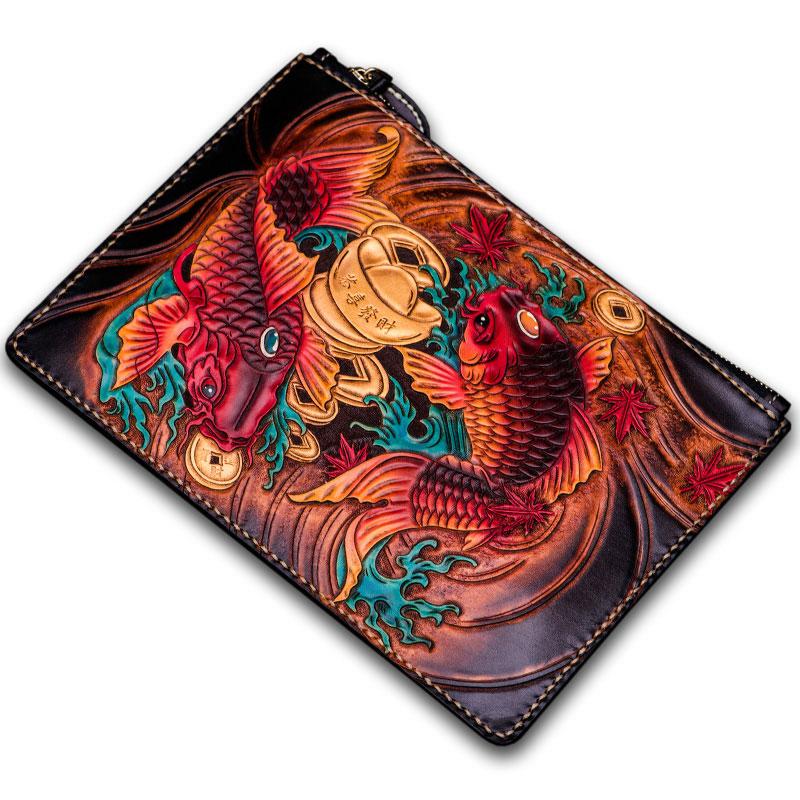 Handmade Leather Tibet Scriptures Tooled Wristlet Bag iPad Bag Mens Cool Leather Wallet Long Clutch for Men