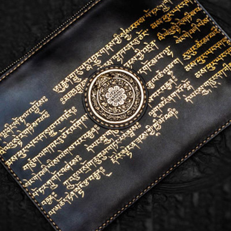 Handmade Leather Tibet Scriptures Tooled Wristlet Bag iPad Bag Mens Cool Leather Wallet Long Clutch for Men