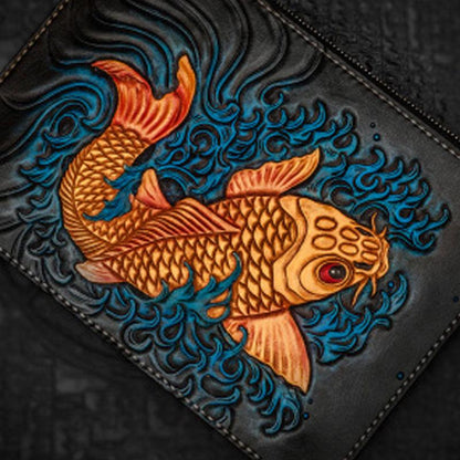 Handmade Leather Tibet Scriptures Tooled Wristlet Bag iPad Bag Mens Cool Leather Wallet Long Clutch for Men