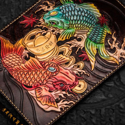 Handmade Leather Tibet Scriptures Tooled Wristlet Bag iPad Bag Mens Cool Leather Wallet Long Clutch for Men