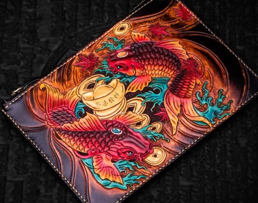 Handmade Leather Tibet Scriptures Tooled Wristlet Bag iPad Bag Mens Cool Leather Wallet Long Clutch for Men