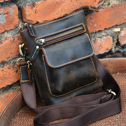 Vintage Brown Leather Men's Small Side Bag Belt Pouch Belt Bag Small Messenger Bag For Men